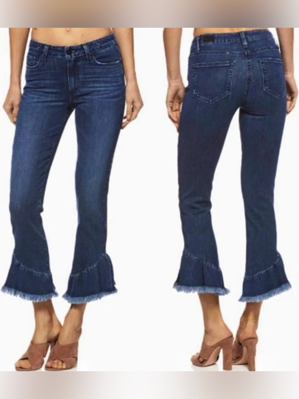 Paige Hoxton Straight Ankle Jeans Ruffle Hem Cropped Blue Denim Women’s 28
